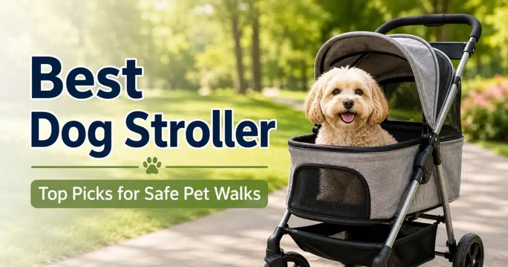Best Dog Stroller featured image showing a happy small dog sitting inside a comfortable pet stroller on a sunny park path