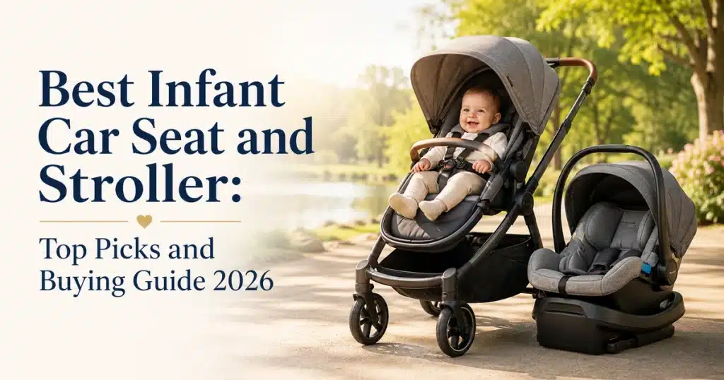 Best Infant Car Seat and Stroller featured image showing a baby sitting safely in a modern stroller beside an infant car seat on a sunny outdoor path