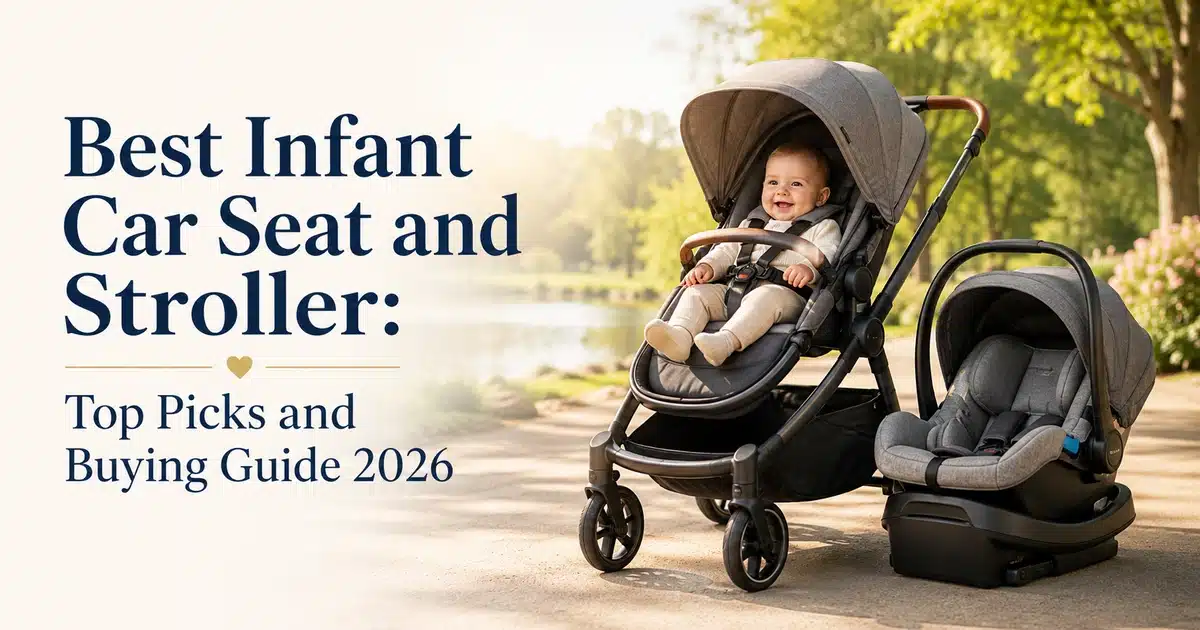 Best Infant Car Seat and Stroller featured image showing a baby sitting safely in a modern stroller beside an infant car seat on a sunny outdoor path
