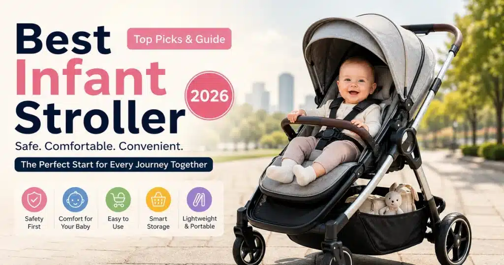Best Infant Stroller featured image showing a smiling baby sitting safely in a modern infant stroller on a sunny outdoor path
