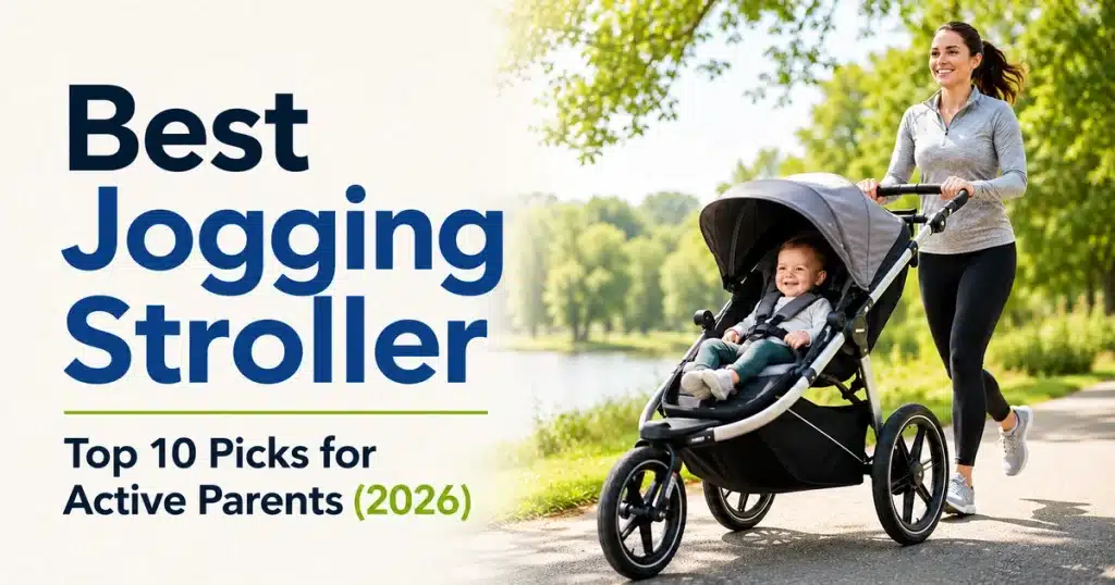 Best Jogging Stroller featured image showing an active parent jogging with a baby in a modern jogging stroller on a sunny park path