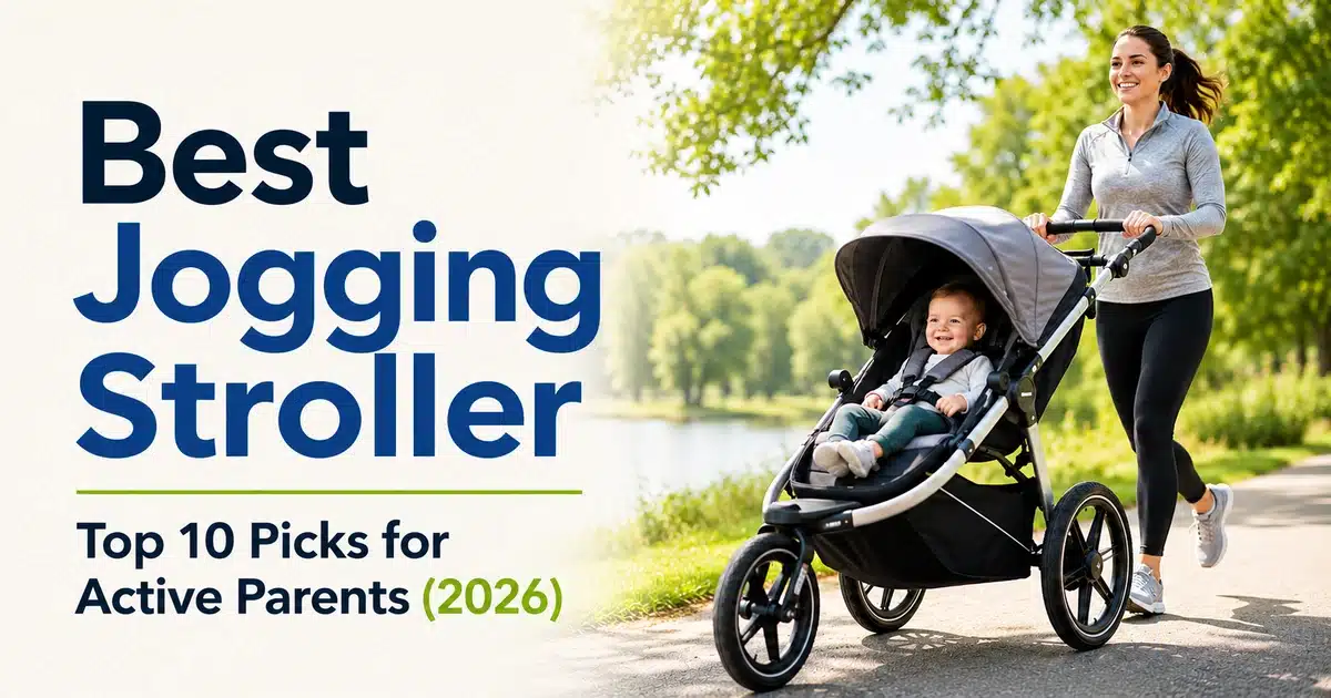 Best Jogging Stroller featured image showing an active parent jogging with a baby in a modern jogging stroller on a sunny park path