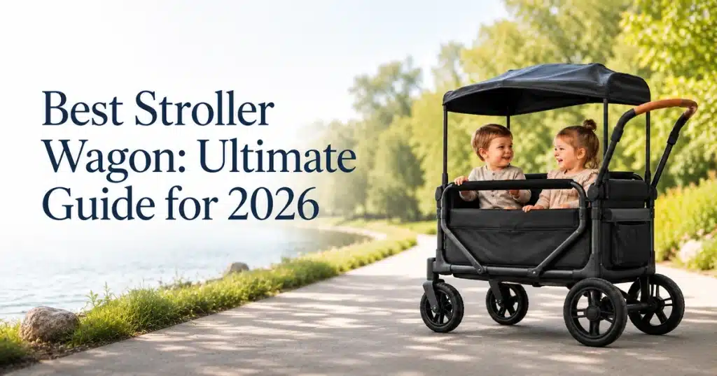 Best Stroller Wagon featured image showing two children sitting safely in a stroller wagon on a sunny outdoor path