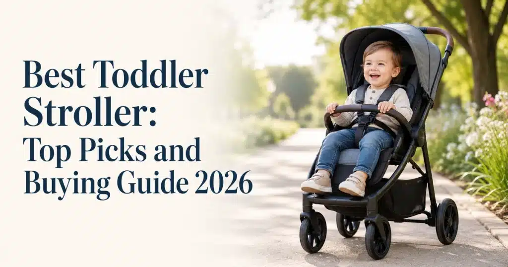 Best Toddler Stroller featured image showing a smiling toddler sitting safely in a modern stroller on a sunny outdoor path