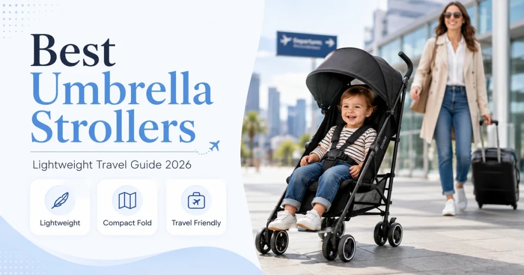 Happy toddler sitting in a lightweight umbrella stroller with a parent walking behind, showing a compact travel-friendly stroller for the best umbrella strollers guide 2026.