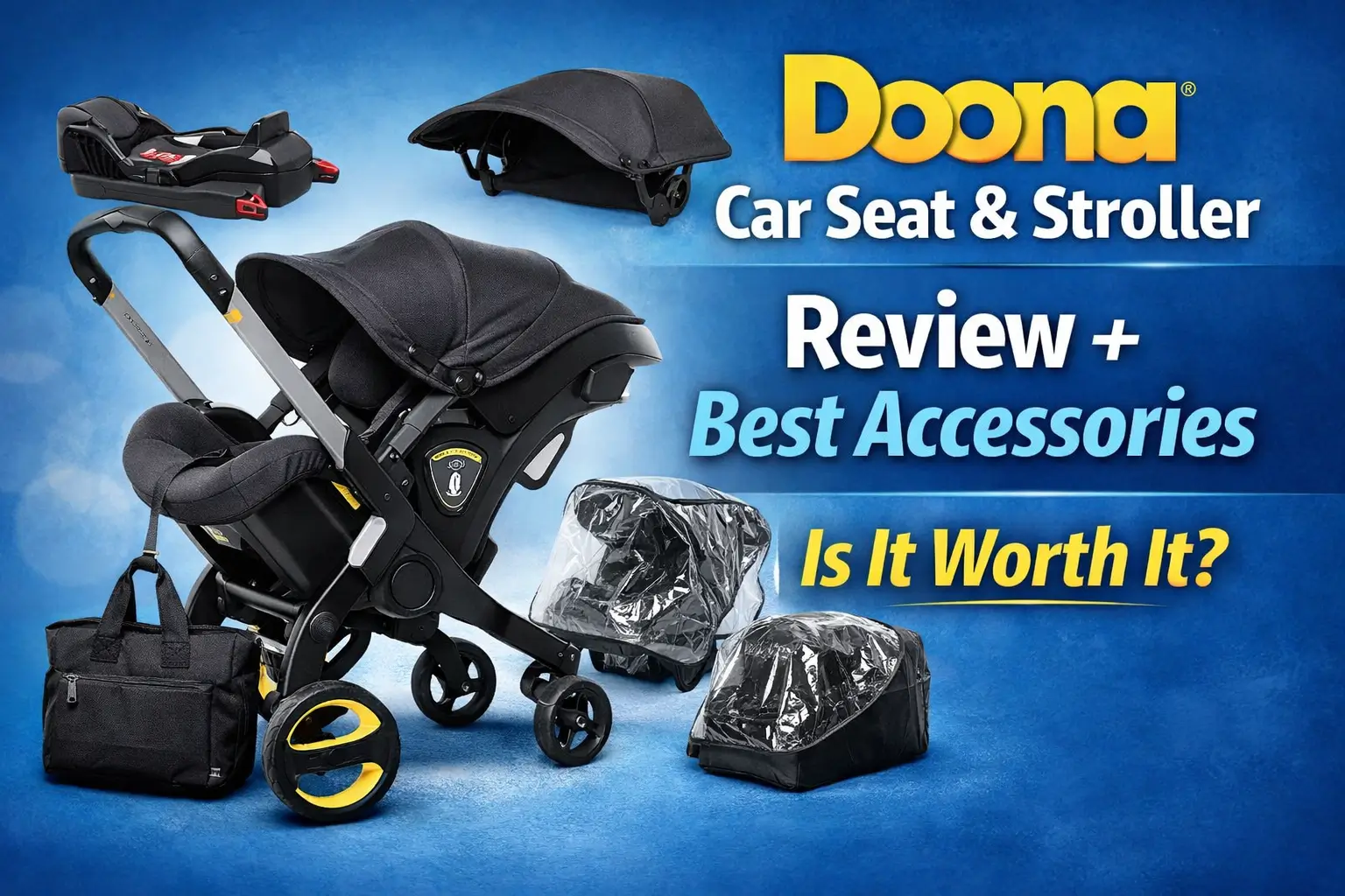 Promotional image of the Doona Car Seat & Stroller with key accessories including the LATCH Base, Sunshade Extension, and Rain Cover. Featuring the question "Is It Worth It?" on a vibrant blue gradient background.