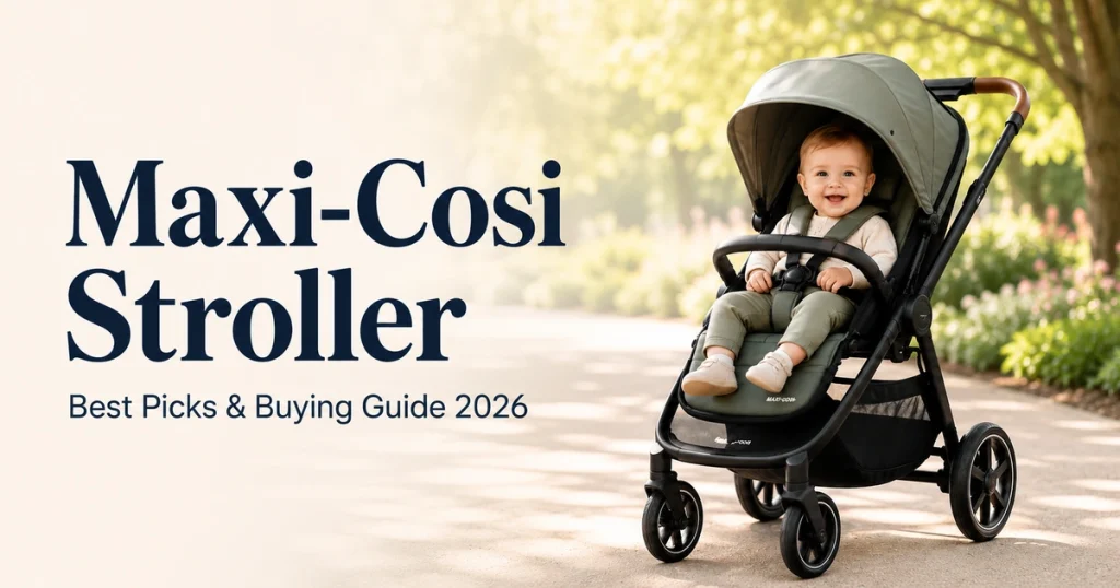 Maxi-Cosi Stroller featured image showing a smiling baby sitting safely in a modern stroller on a sunny park path