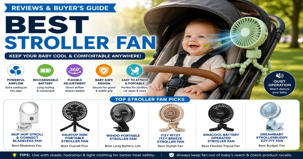 Best stroller fan buying guide with baby in stroller, portable fan, rechargeable battery, flexible tripod, baby-safe guard, quiet airflow, cooling tips, and parent safety advice.