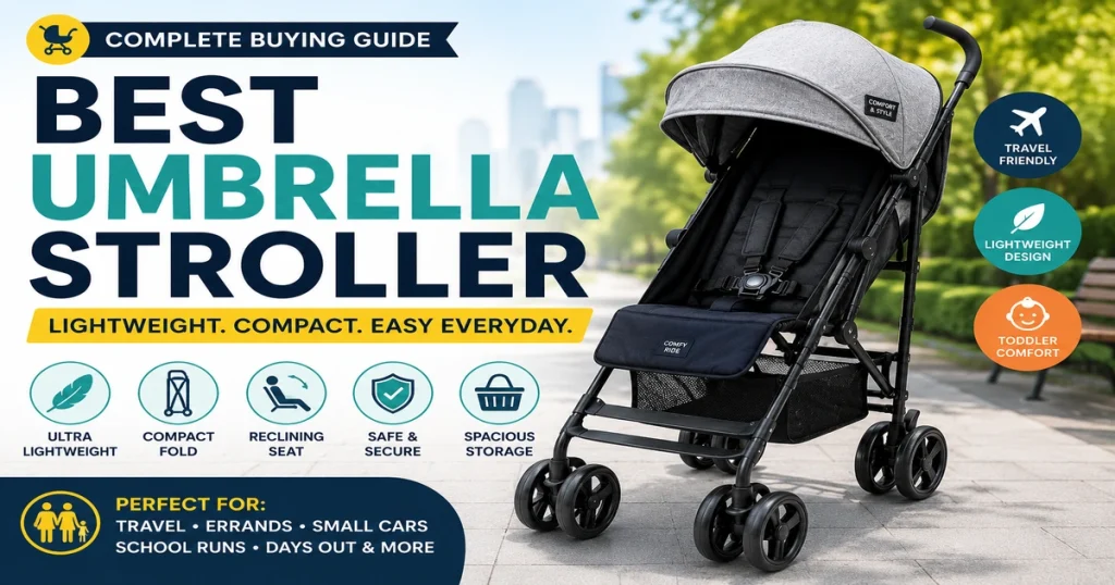 Best umbrella stroller buying guide with lightweight foldable stroller, compact design, reclining seat, safety harness, toddler comfort, storage basket, and parent travel tips.