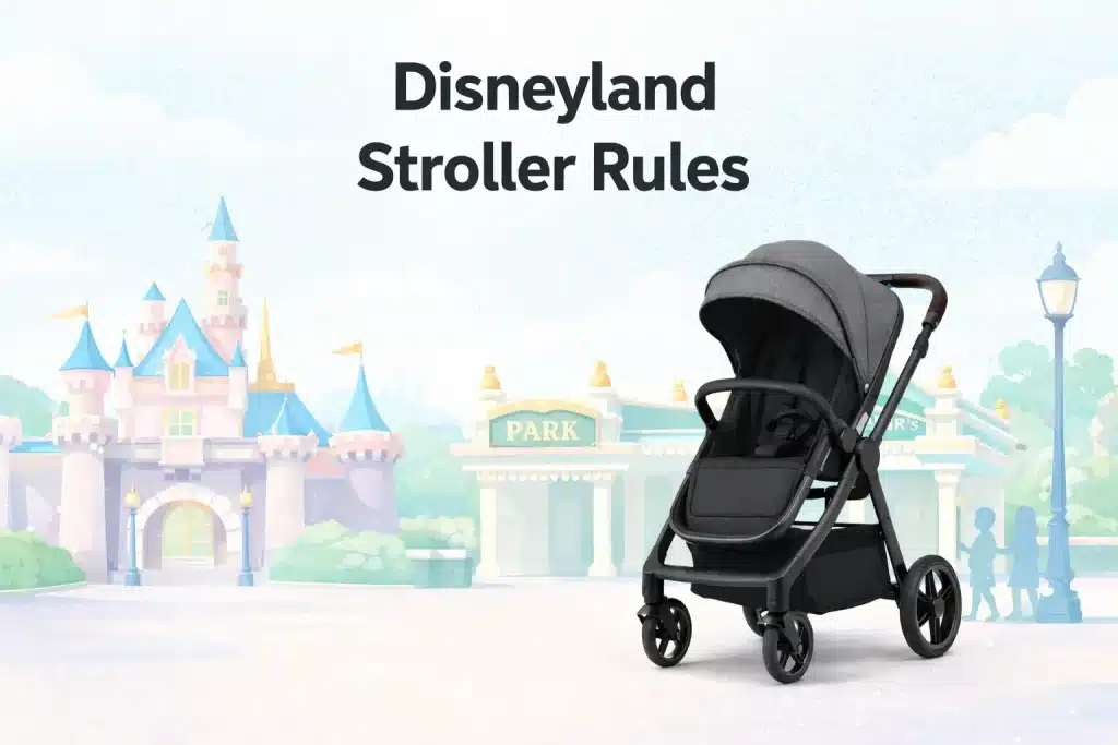 Featured image for Disneyland Stroller Rules showing a modern stroller in front of a bright theme park entrance with soft pastel background and bold title text.
