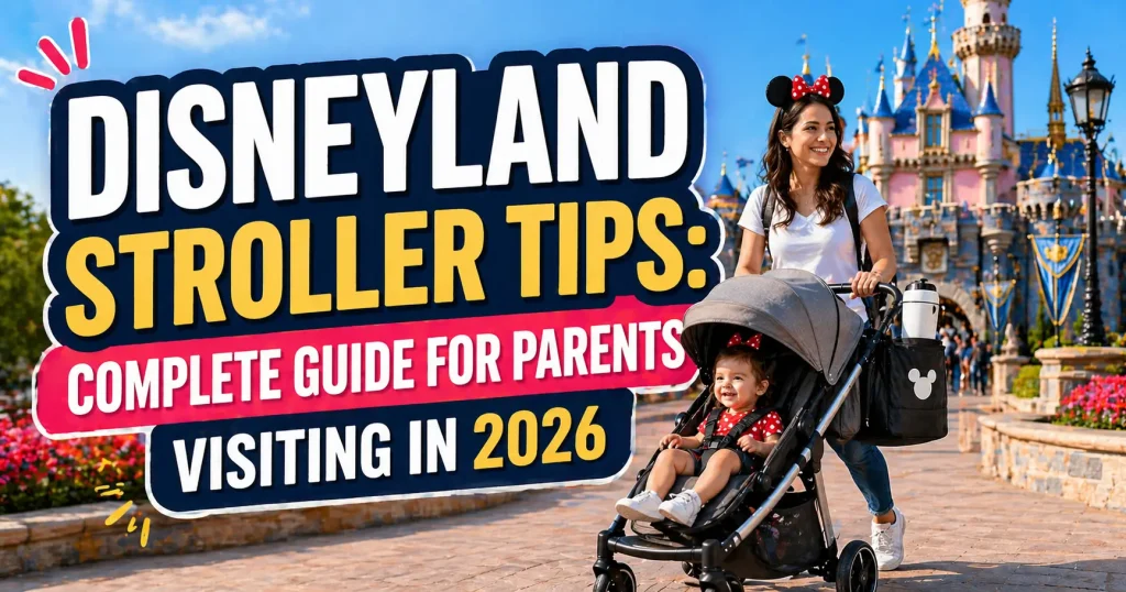 Disneyland stroller tips guide showing a parent with a baby stroller in front of a castle at Disneyland