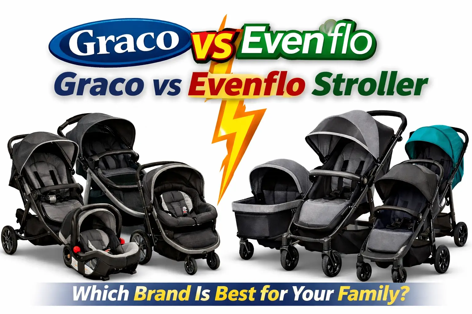 Featured image showing a side-by-side Graco vs Evenflo stroller comparison on a white background with multiple stroller models and bold comparison text.