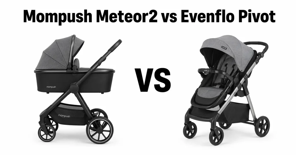 Featured image showing a side-by-side Mompush Meteor2 vs Evenflo Pivot stroller comparison on a clean white background with bold title text and both stroller models.