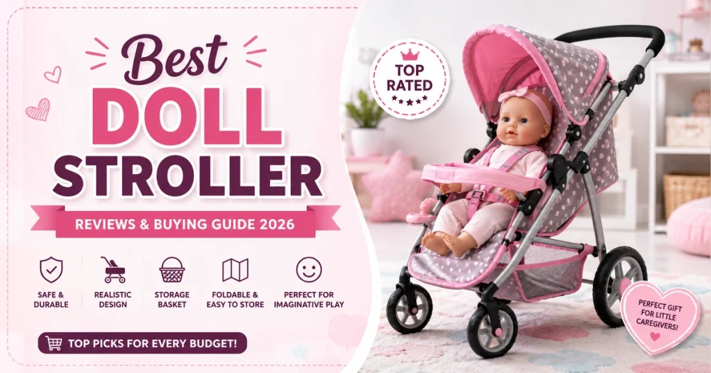 Best Doll Stroller Review 2026 featured image showing a pink doll stroller with a baby doll, realistic design, storage basket, foldable frame, and pretend play features.