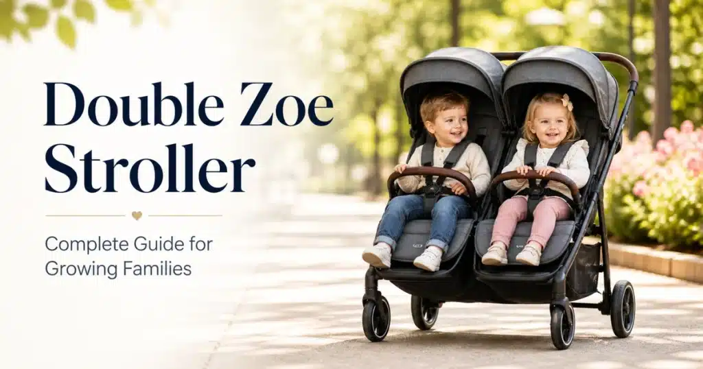 Double Zoe Stroller with two children sitting side by side, designed for growing families who need a lightweight and comfortable double stroller.