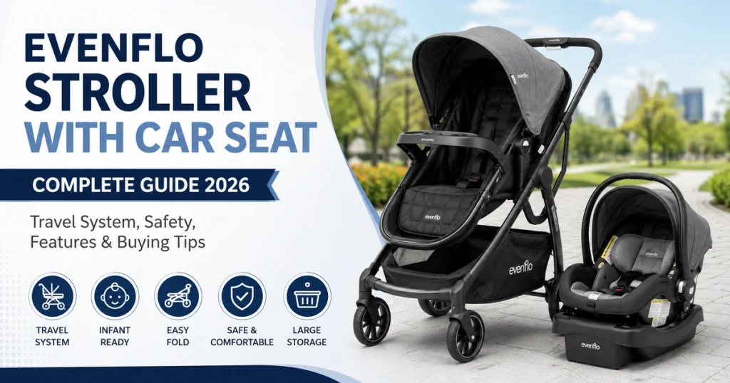 Evenflo Stroller With Car Seat Complete Guide 2026 featured image showing an Evenflo travel system with stroller, infant car seat, easy fold, large storage, and safety features.
