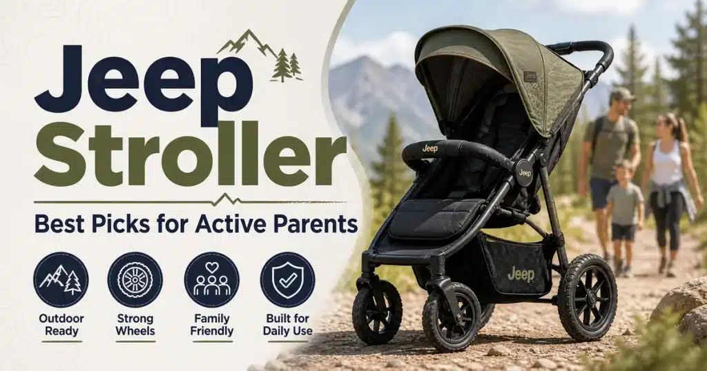 Jeep Stroller guide featuring a rugged outdoor-ready baby stroller with strong wheels for active parents comparing jogging strollers, stroller wagons, and daily-use options.