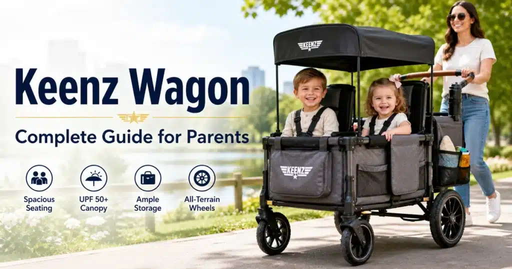 Keenz Wagon stroller wagon with two children seated comfortably, showcasing spacious seating, canopy, storage, and all-terrain wheels in a park setting.