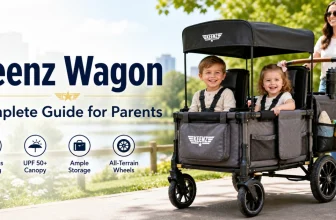 Keenz Wagon stroller wagon with two children seated comfortably, showcasing spacious seating, canopy, storage, and all-terrain wheels in a park setting.