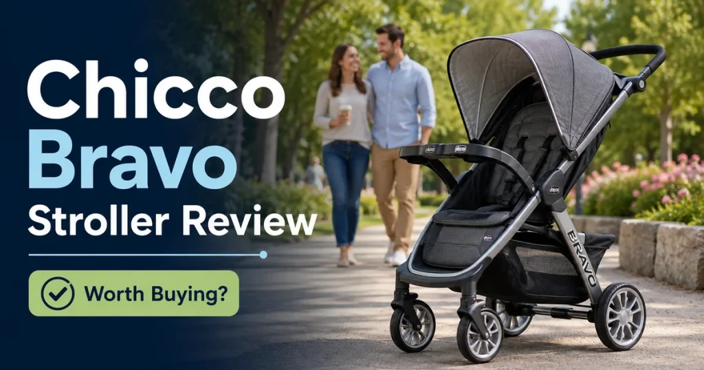 Chicco Bravo stroller review image showing a full-size stroller for everyday family use with travel system support