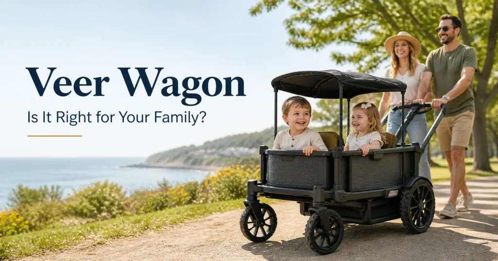Veer Wagon featured image showing a family pushing kids in a stroller wagon on a sunny outdoor path