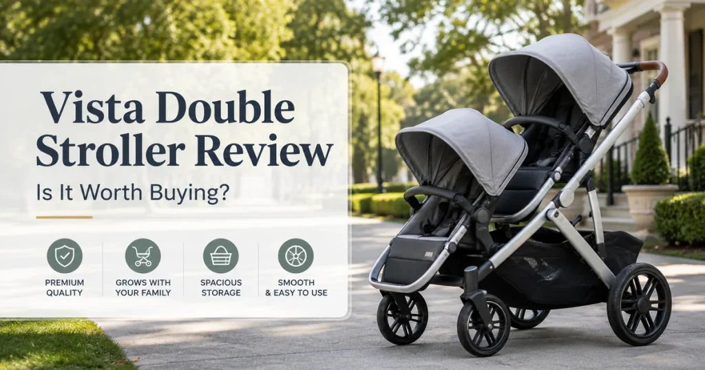 Vista double stroller review image showing a premium tandem double stroller for growing families with two-seat setup and spacious storage