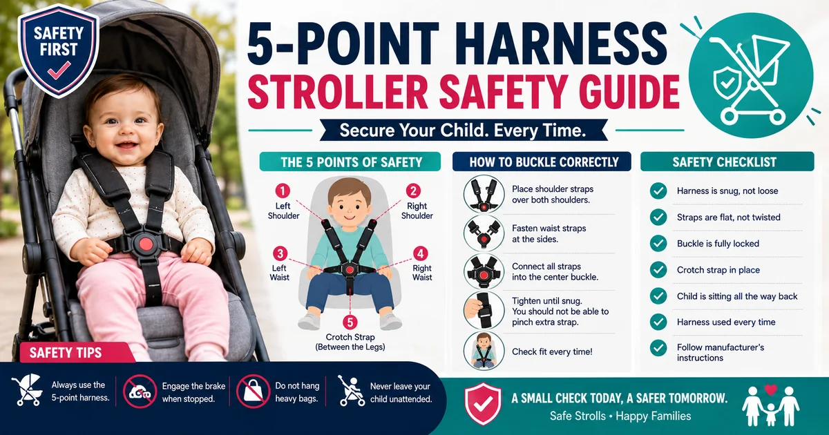 5-point harness stroller safety guide image showing a baby securely buckled in a stroller with safety shield icons