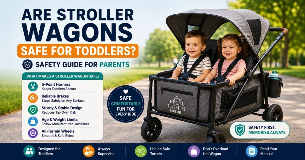 Are stroller wagons safe for toddlers with two children in wagon, harness, brakes, weight limits, and parent safety tips.