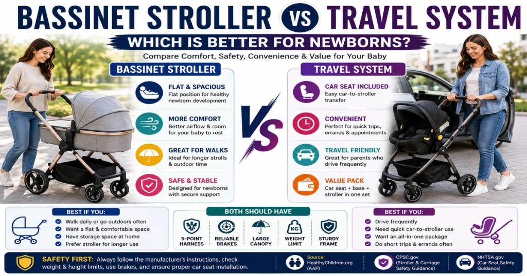 Bassinet stroller vs travel system comparison for newborns with flat bassinet, infant car seat, safety, comfort, convenience, and parent buying guide.