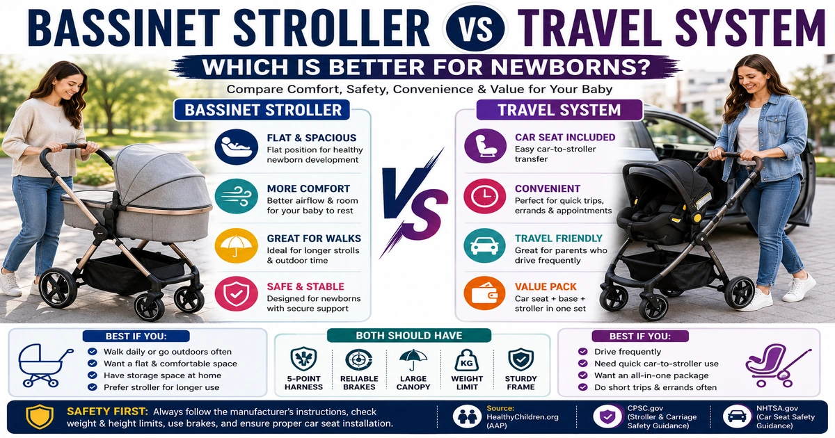 Bassinet stroller vs travel system comparison for newborns with flat bassinet, infant car seat, safety, comfort, convenience, and parent buying guide.