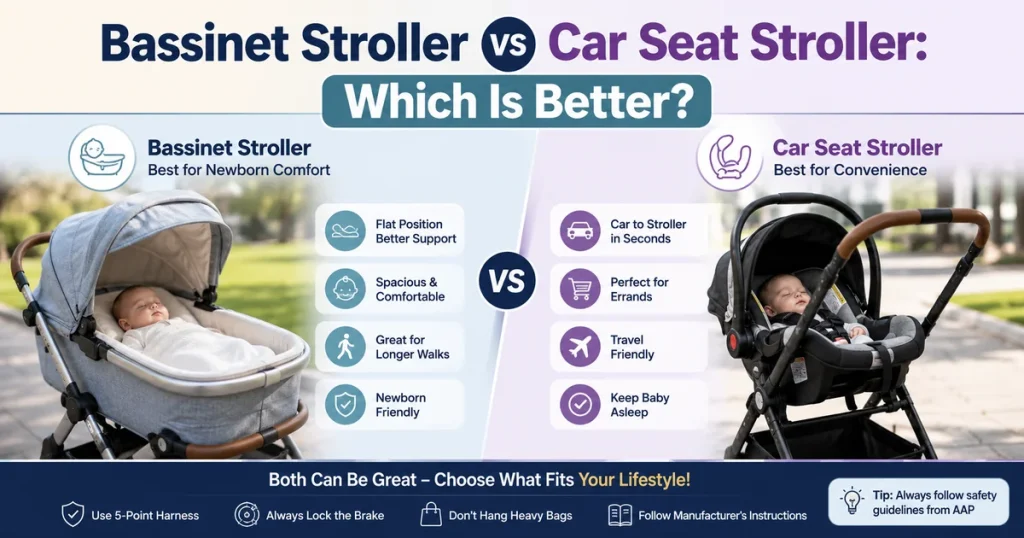 Bassinet stroller vs car seat stroller comparison image showing newborn comfort, car seat convenience, safety icons, and stroller buying tips