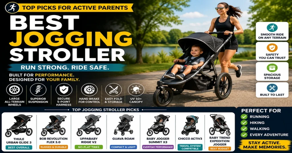 Best jogging stroller guide with parent running in park, child in jogging stroller, large all-terrain wheels, suspension, hand brake, safety harness, canopy, and active family stroller tips.
