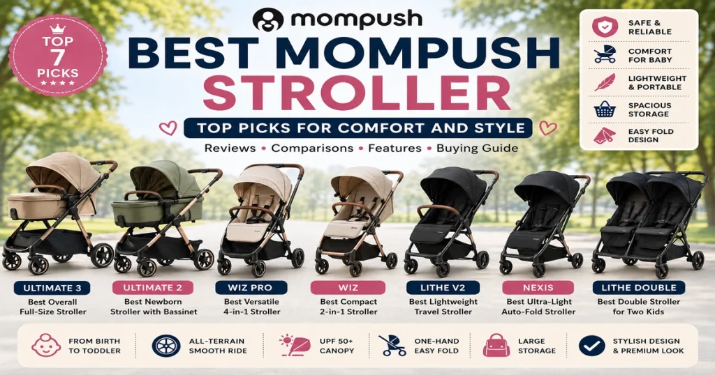 Best Mompush stroller comparison guide with Ultimate 3, Ultimate 2, Wiz Pro, Wiz, Lithe V2, Nexis, Lithe Double, comfort, style, lightweight fold, storage, and parent buying tips.