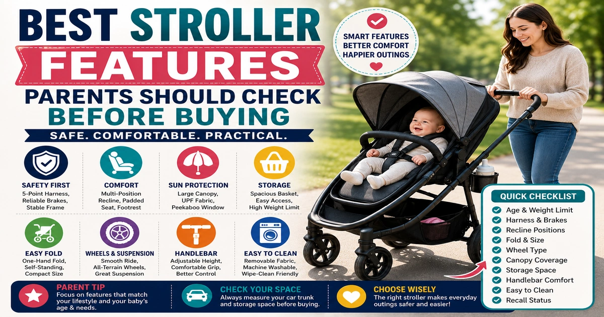 Best stroller features parents should check before buying with baby stroller safety, comfort, canopy, wheels, fold size, and storage checklist.