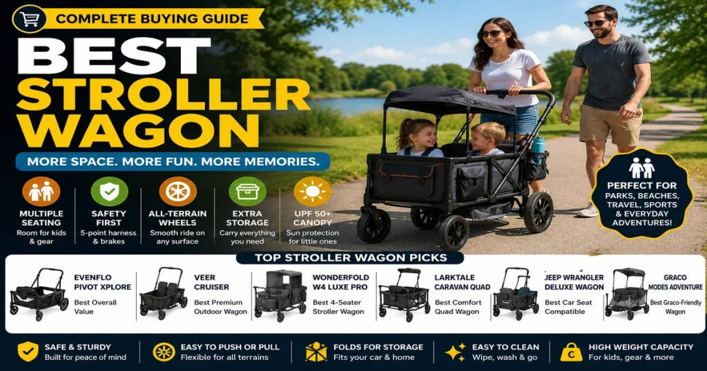 Best stroller wagon buying guide with family walking in park, kids riding in wagon stroller, multiple seating, safety harness, all-terrain wheels, canopy, extra storage, and parent buying tips.