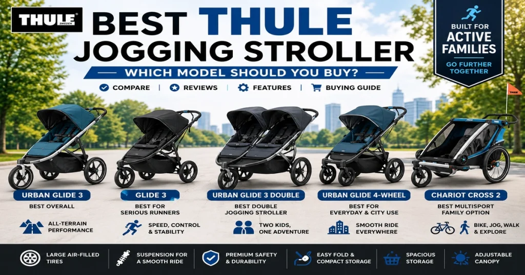 Best Thule jogging stroller buying guide with Urban Glide 3, Glide 3, Urban Glide 3 Double, Urban Glide 4-wheel, Chariot Cross 2, all-terrain tires, suspension, safety, easy fold, storage, and active family stroller tips.