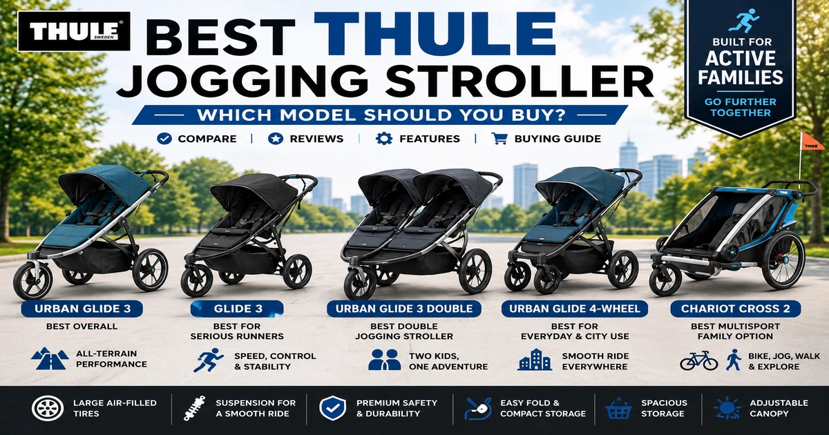 Best Thule jogging stroller buying guide with Urban Glide 3, Glide 3, Urban Glide 3 Double, Urban Glide 4-wheel, Chariot Cross 2, all-terrain tires, suspension, safety, easy fold, storage, and active family stroller tips.