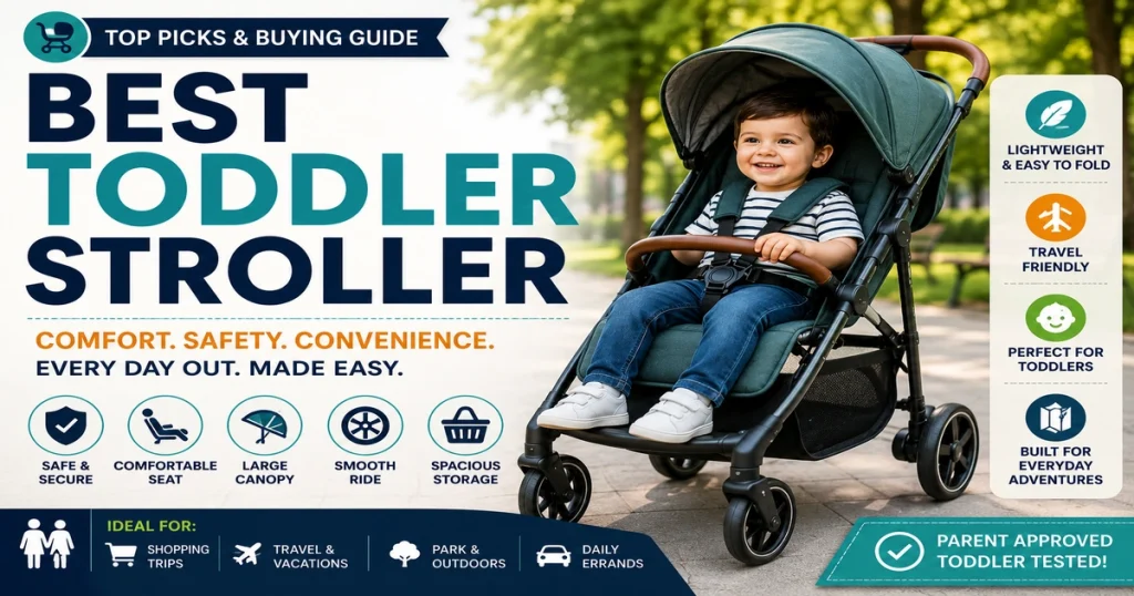 Best toddler stroller buying guide with comfortable toddler seat, safety harness, large canopy, smooth wheels, spacious storage, travel-friendly fold, and parent-approved stroller tips.