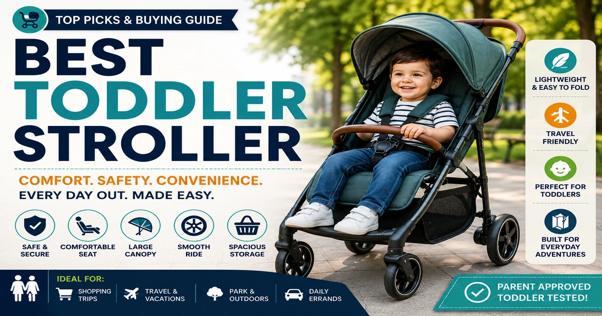 Best toddler stroller buying guide with comfortable toddler seat, safety harness, large canopy, smooth wheels, spacious storage, travel-friendly fold, and parent-approved stroller tips.