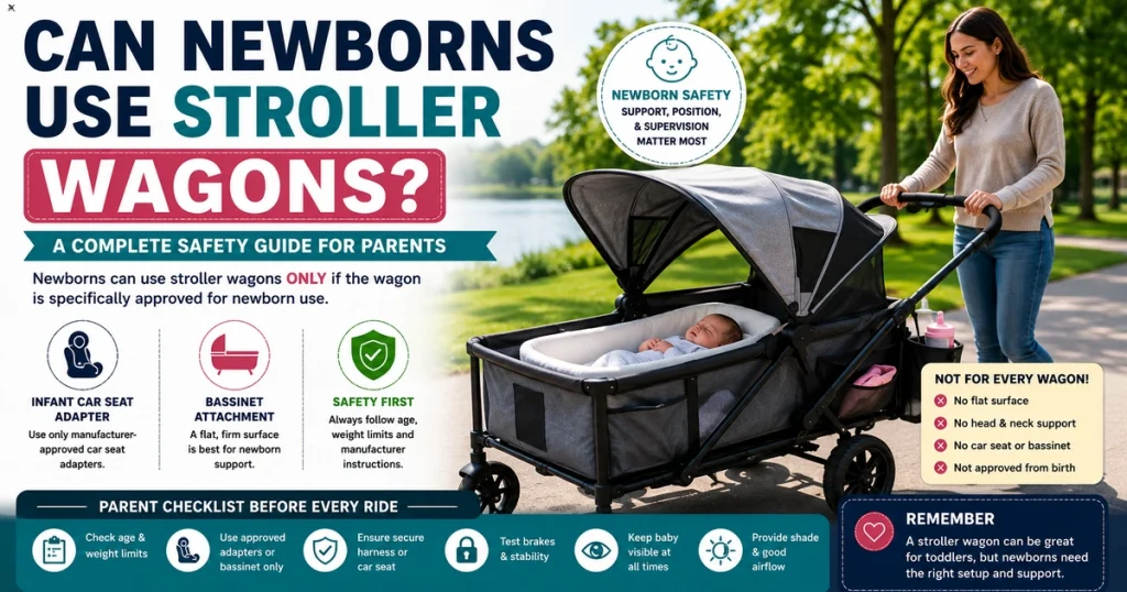 Can newborns use stroller wagons with bassinet attachment, infant car seat adapter, newborn safety support, and parent checklist.