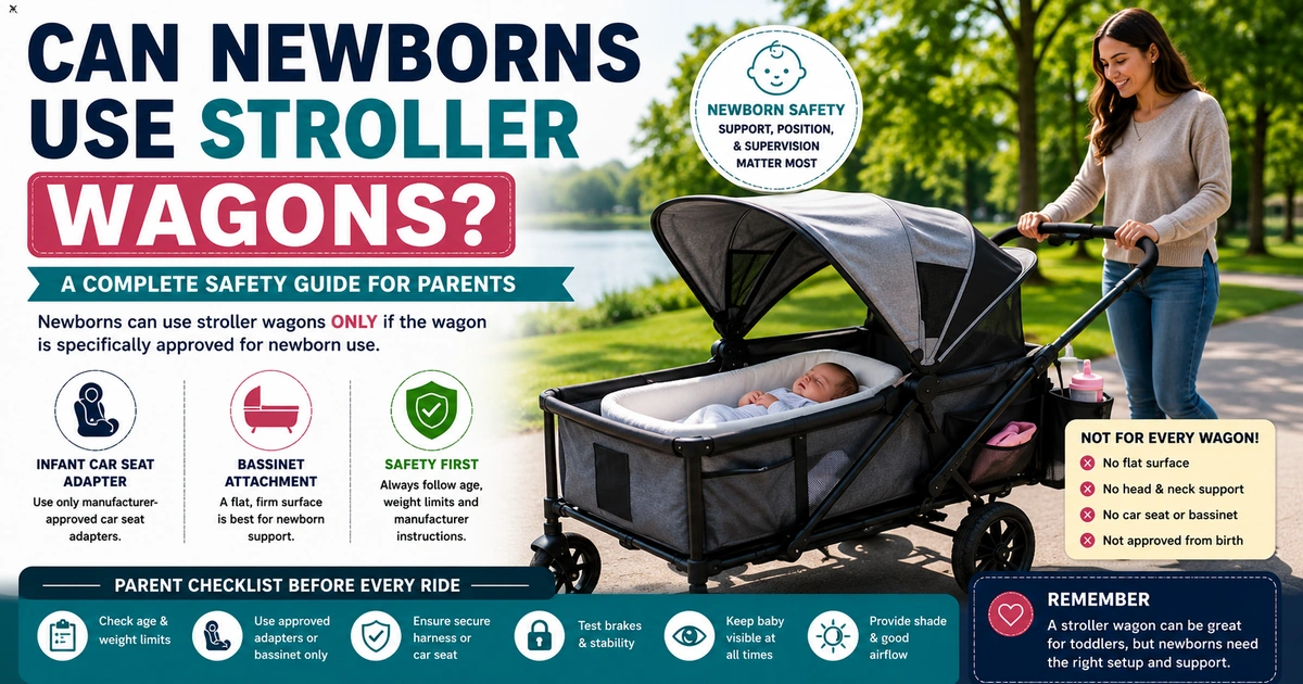 Can newborns use stroller wagons with bassinet attachment, infant car seat adapter, newborn safety support, and parent checklist.