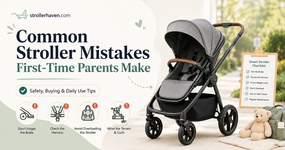 Common stroller mistakes first-time parents make with stroller safety checklist, brake, harness, and daily use tips.