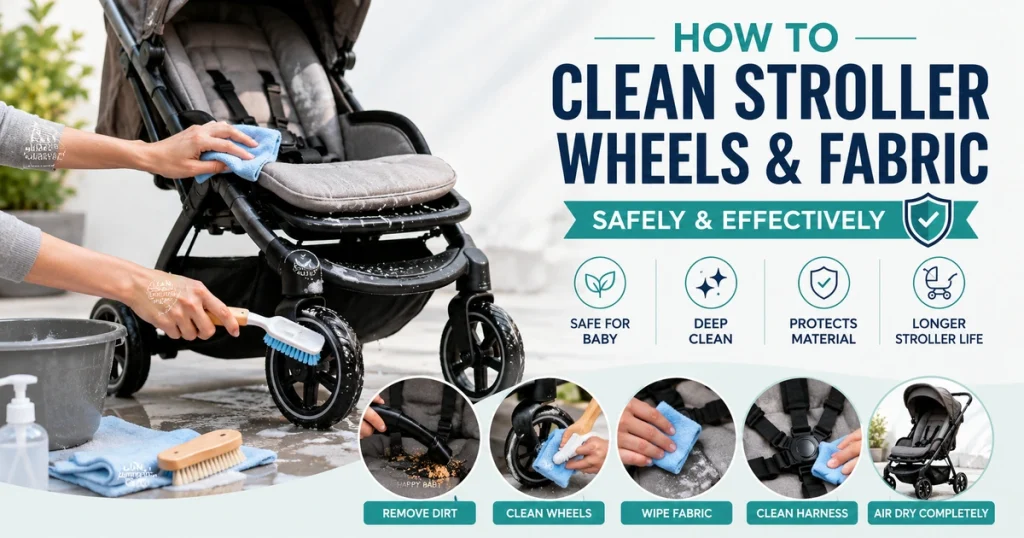How to clean stroller wheels and fabric safely with baby stroller cleaning steps, soft brush, cloth, and maintenance tips.