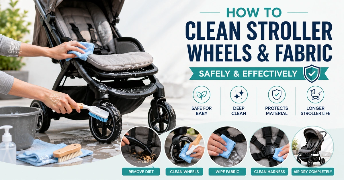 How to clean stroller wheels and fabric safely with baby stroller cleaning steps, soft brush, cloth, and maintenance tips.