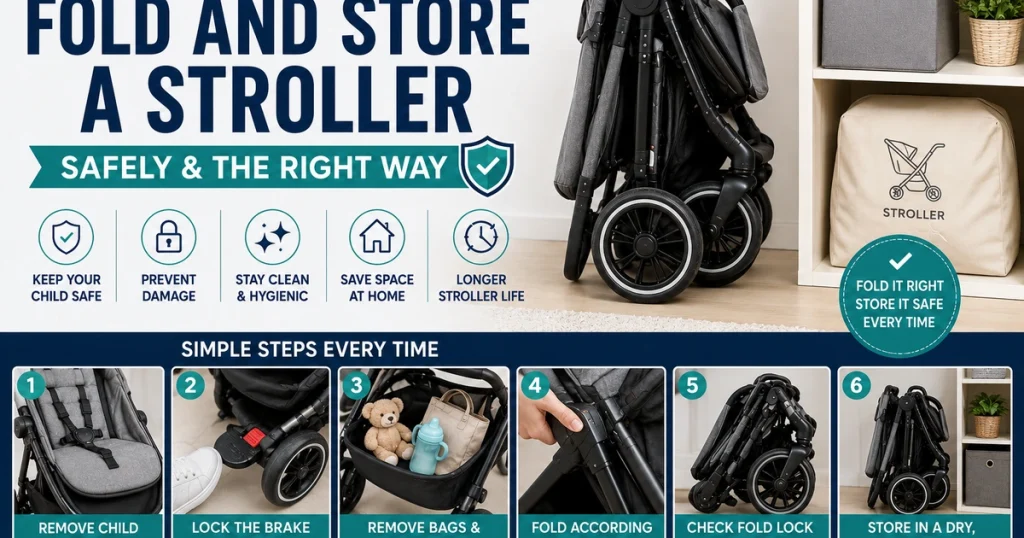 How to fold and store a stroller safely with compact stroller, brake lock, fold lock, and dry storage steps.