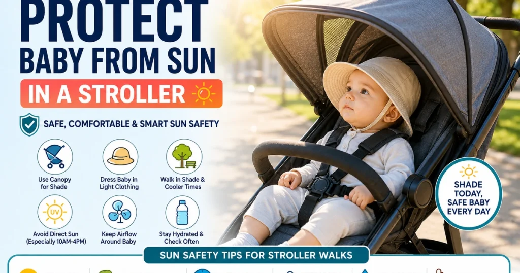 How to protect baby from sun in a stroller with canopy shade, sun hat, airflow, and safe stroller walk tips.