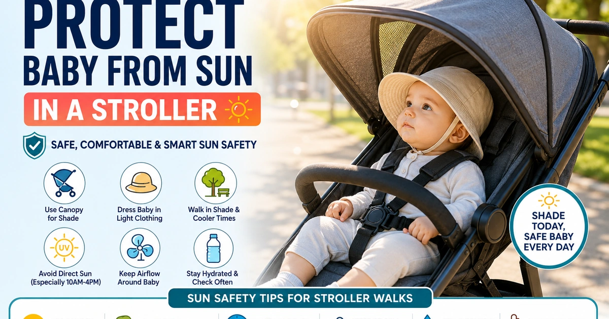 How to protect baby from sun in a stroller with canopy shade, sun hat, airflow, and safe stroller walk tips.