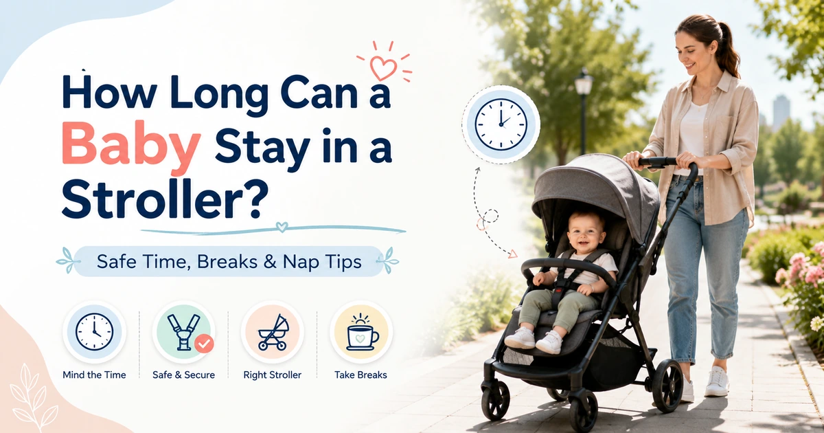 How long can a baby stay in a stroller image showing a parent walking with baby in stroller, safe time, breaks, nap tips, and stroller safety icons