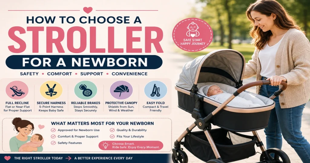 How to choose a stroller for a newborn image showing a bassinet stroller, newborn baby, safety icons, recline, harness, canopy, and buying tips