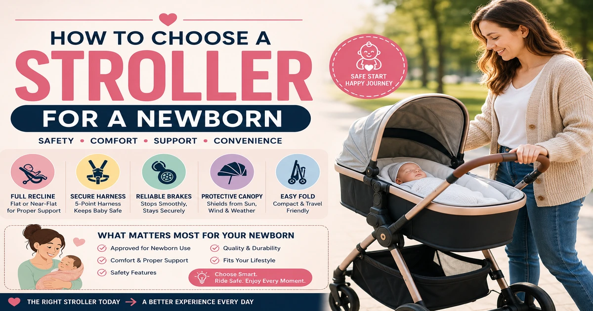 How to choose a stroller for a newborn image showing a bassinet stroller, newborn baby, safety icons, recline, harness, canopy, and buying tips